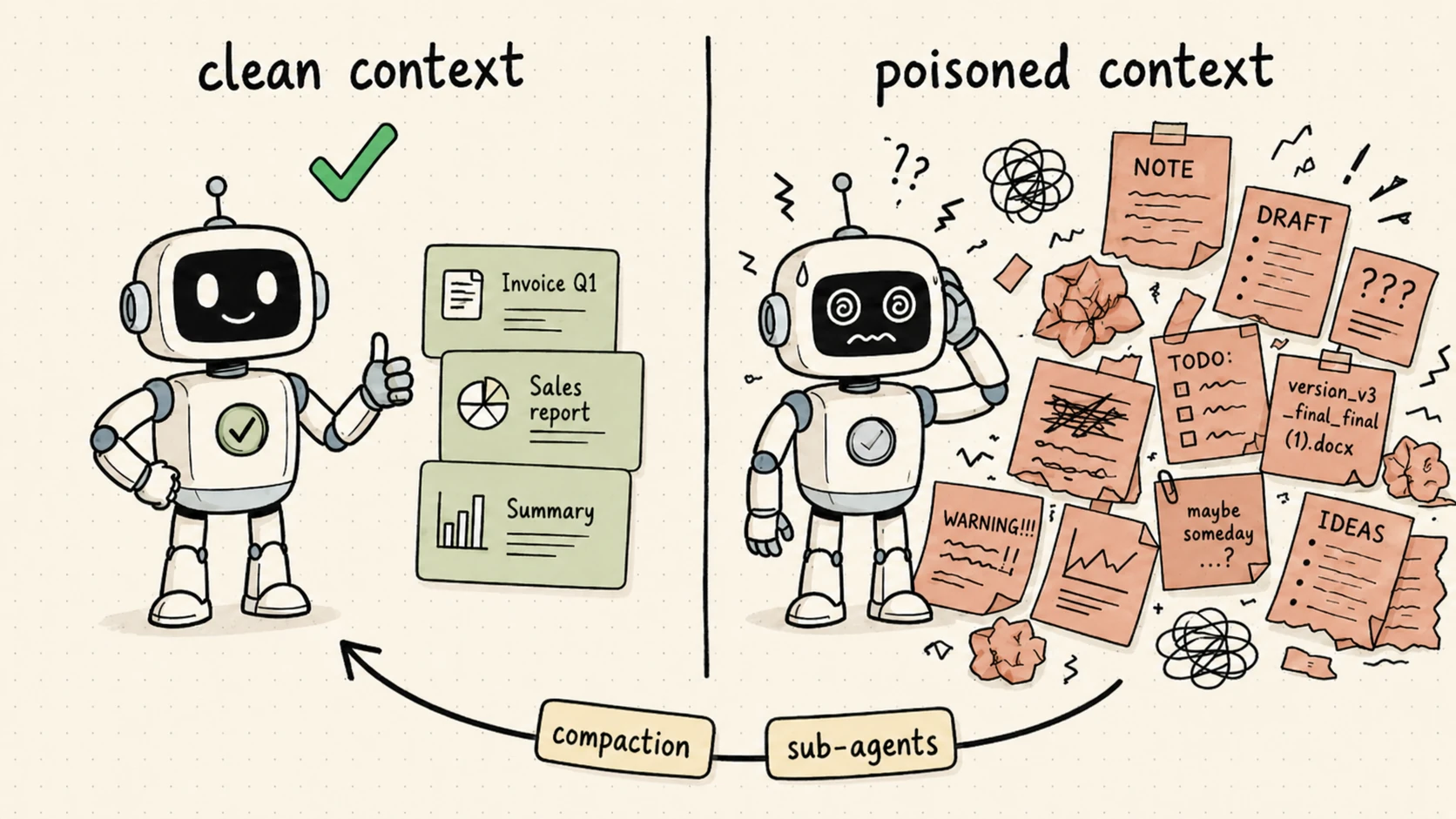 Comparison of a clean agent context with a context poisoned by noise accumulation over many turns