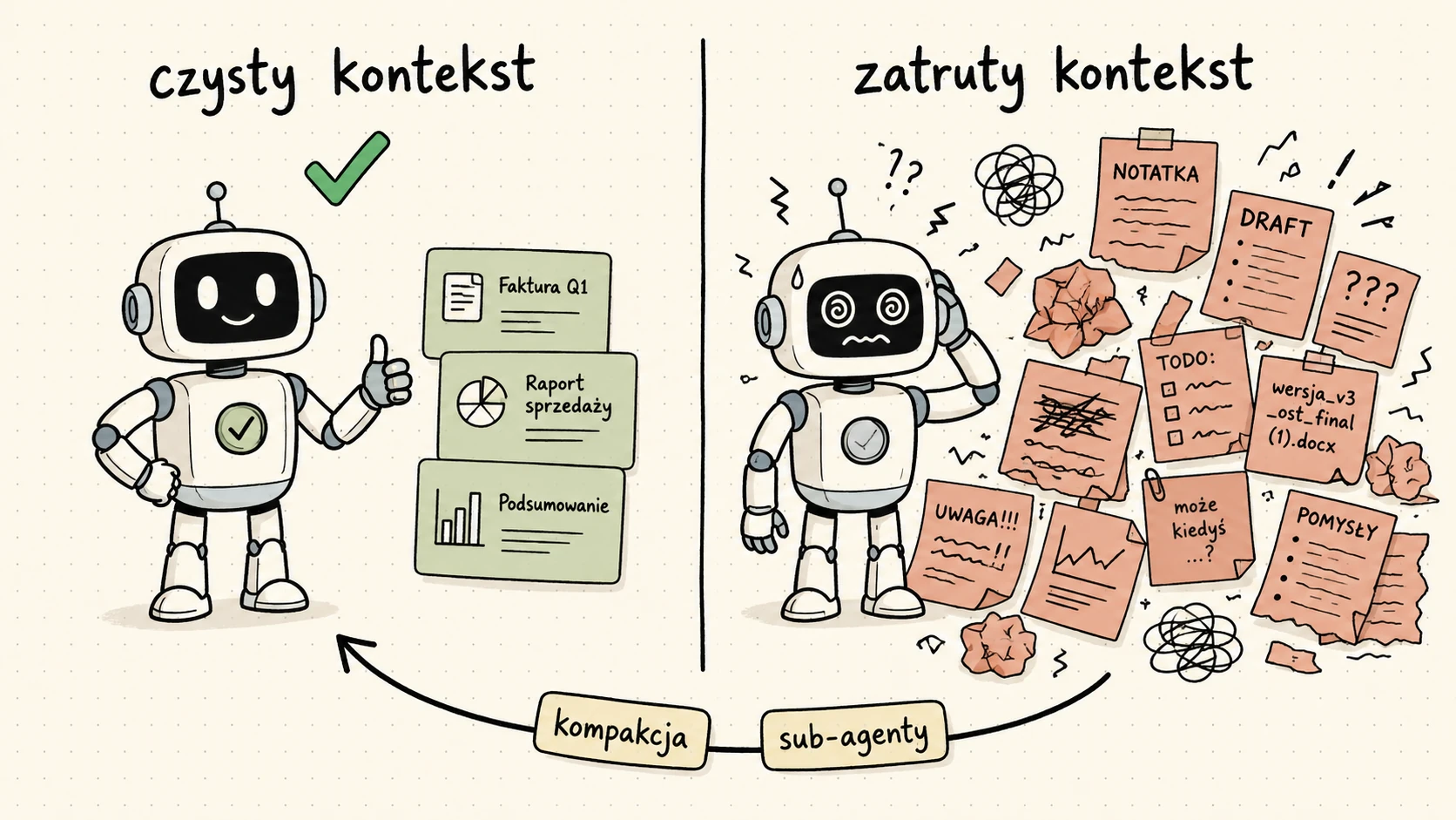 Porównanie czystego kontekstu agenta z kontekstem zatrutym przez akumulację szumu po wielu turach