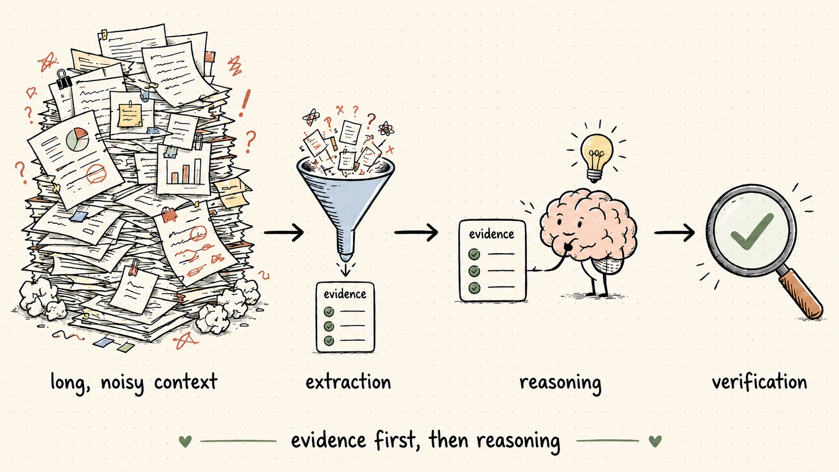 Processing pipeline: from a long noisy context, through evidence extraction, to reasoning on a short context and verification