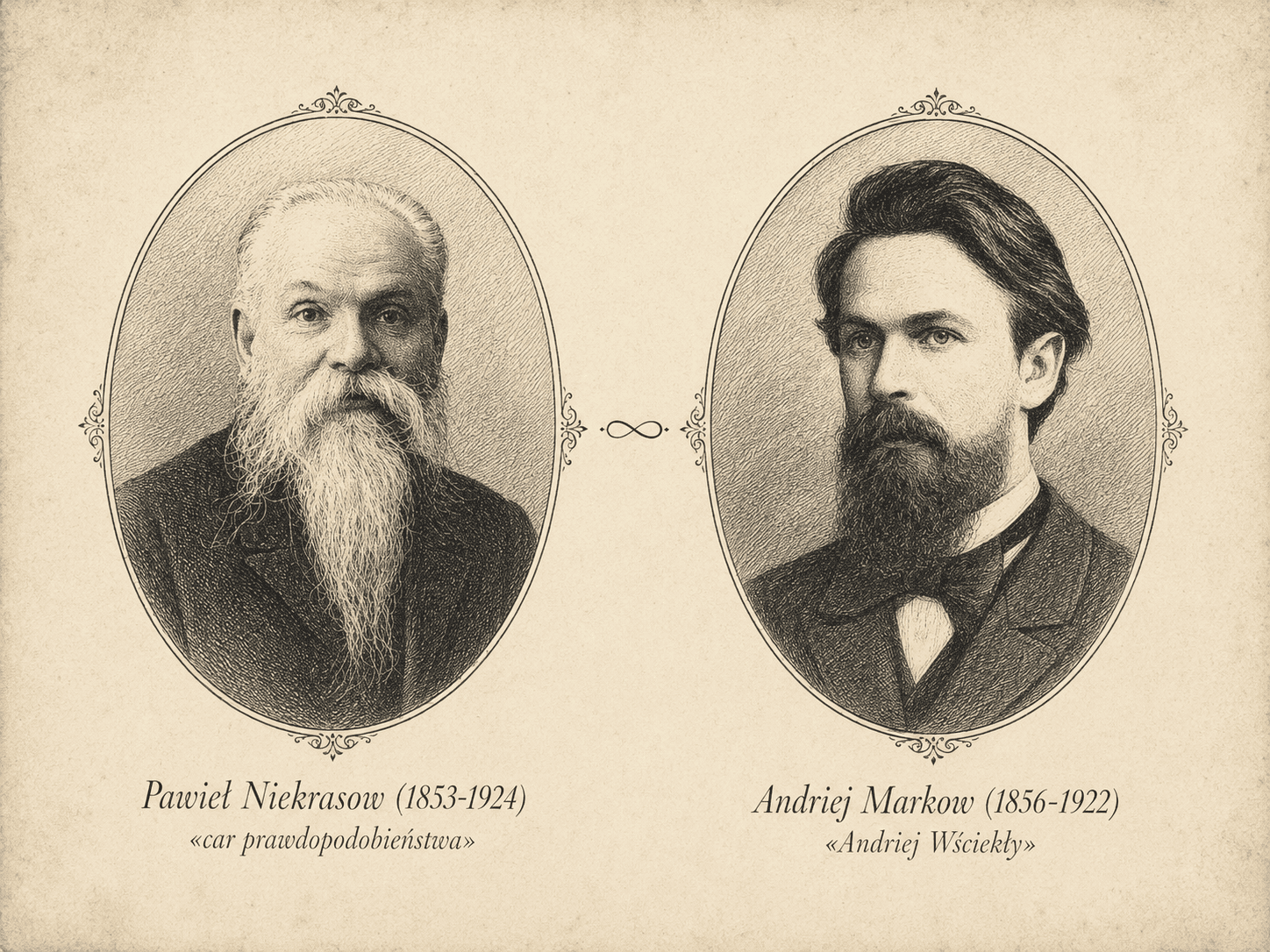 Pawieł Niekrasow i Andriej Markow - portrety dwóch rywali matematycznego sporu, w stylu XIX-wiecznej fotografii sepia