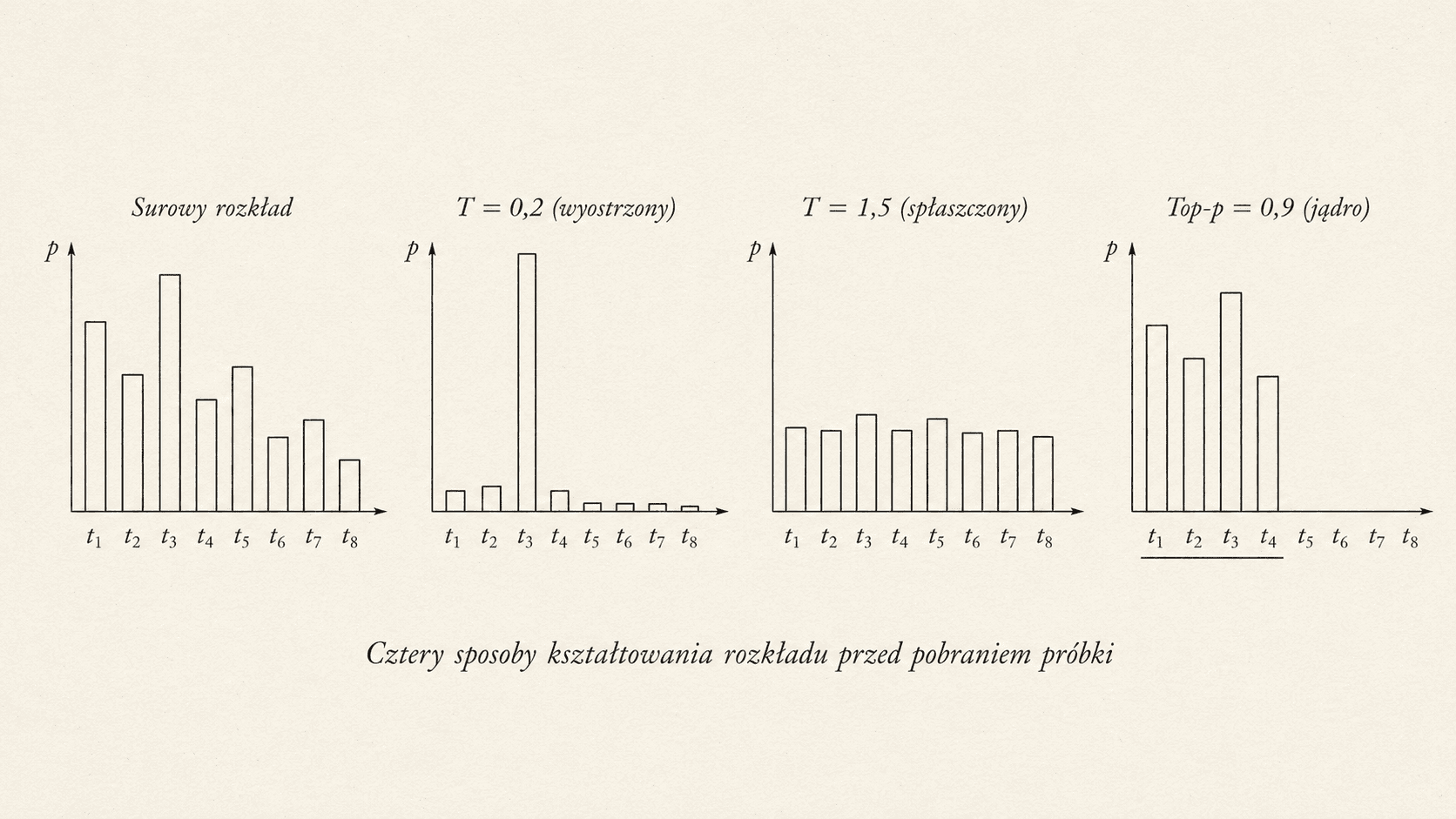 Cztery histogramy: surowy rozkład, po temperaturze 0,2 (wyostrzony), po temperaturze 1,5 (spłaszczony), po top-p 0,9 (jądro)